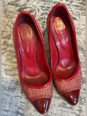 Sergio Rossi Red Woven Patent Pointed-Toe Pumps 7 1/2